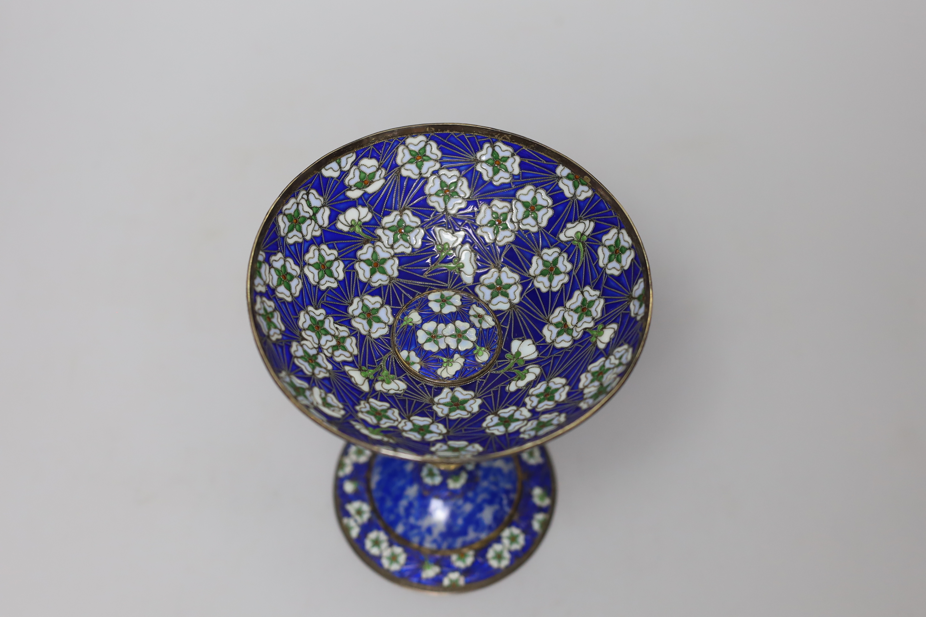 A modern Russian gilt 925, enamel and plique à jour presentation chalice, with engraved inscription to the base, 17.5cm high, gross weight 14.1oz.